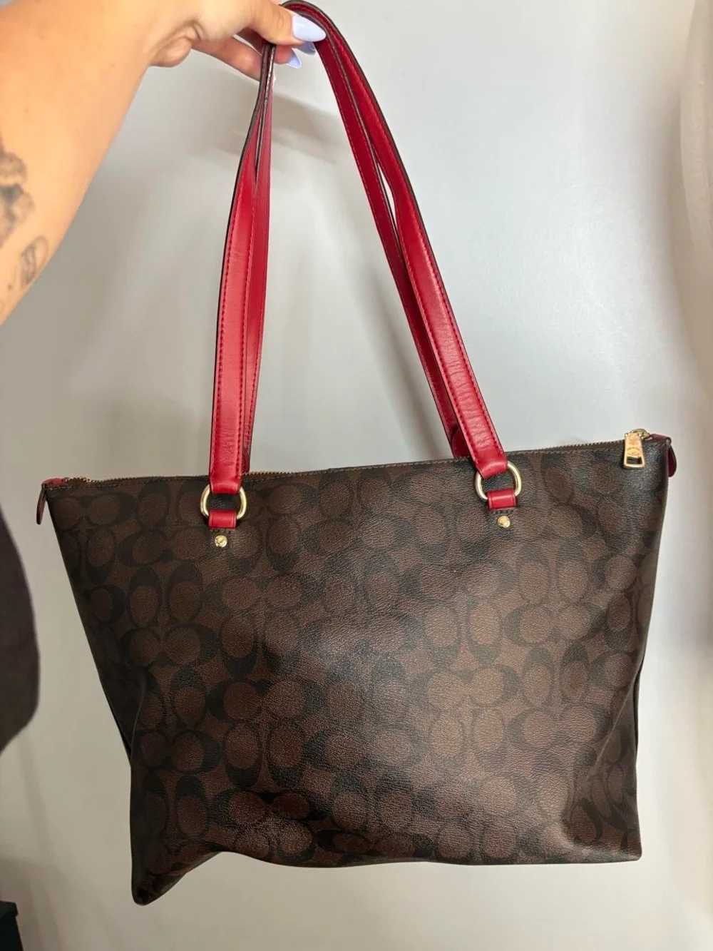 Coach Brown Signature Tote and Matching Wallet with Red Handles